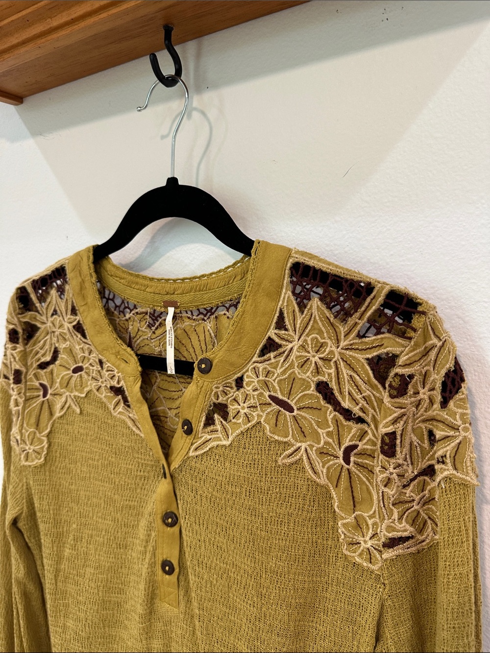 Free People Reed Green Lace Yoke Henley Top - Picture 4 of 8